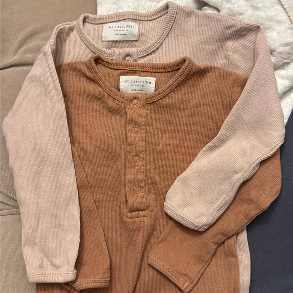 My Little POSH LA Organic Cotton Rib Rompers: Brown Mushroom 12-18 TWO